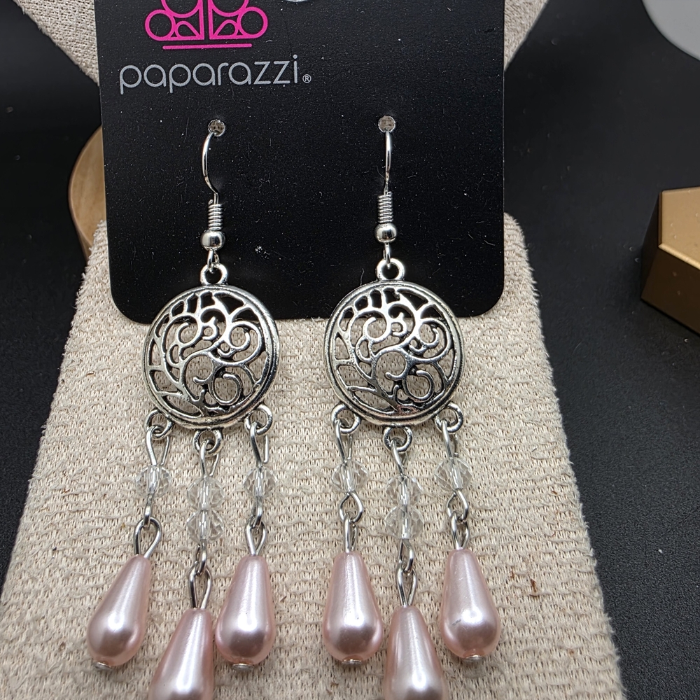 Paparazzi Silver Earrings with Pink Teardrops (1699)